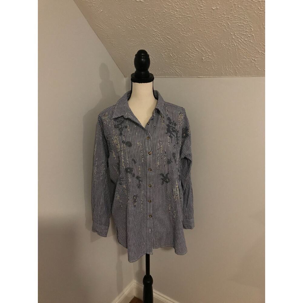 Anthropologie Pilcro XS Blue Stripe Embroidered Beaded Button Down Shirt - Picture 2 of 10